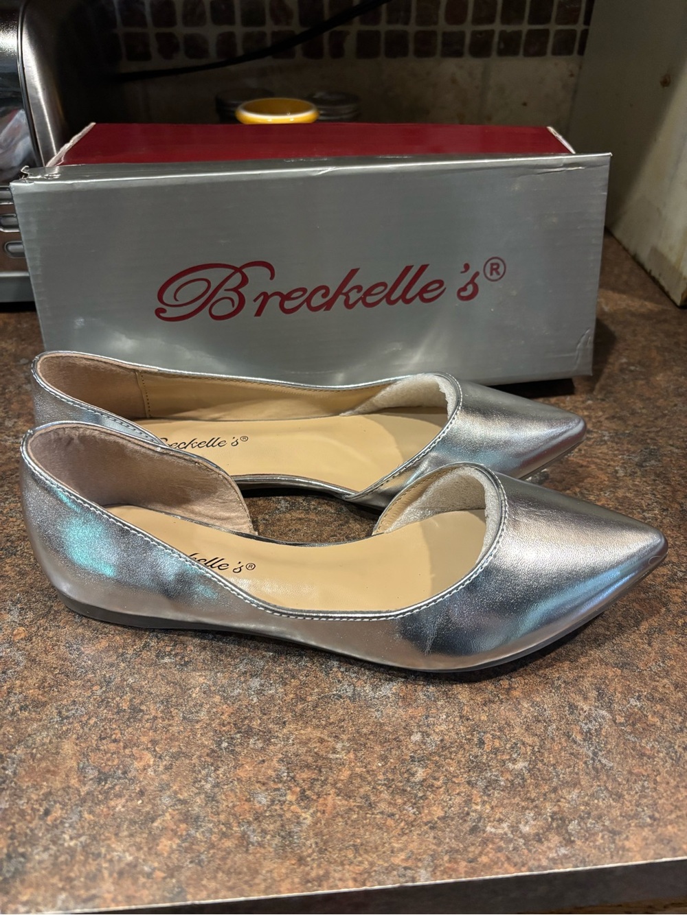 Breckelles Metallic Silver Pointed-Toe D'Orsay Flats